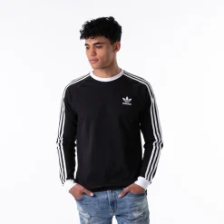 Sale adidas Mens Three Stripe Long Sleeve 3 Stripe Tee - Black