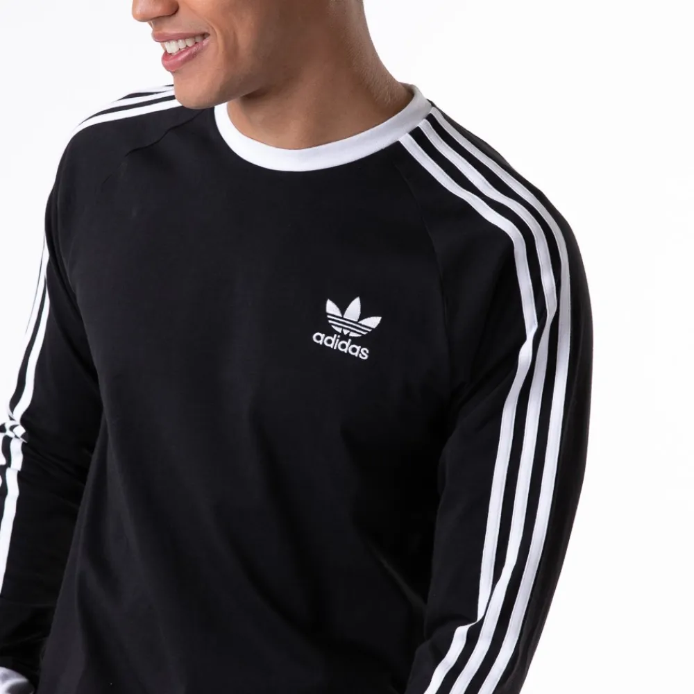 Sale adidas Mens Three Stripe Long Sleeve 3 Stripe Tee - Black