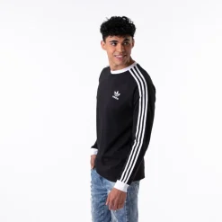 Sale adidas Mens Three Stripe Long Sleeve 3 Stripe Tee - Black