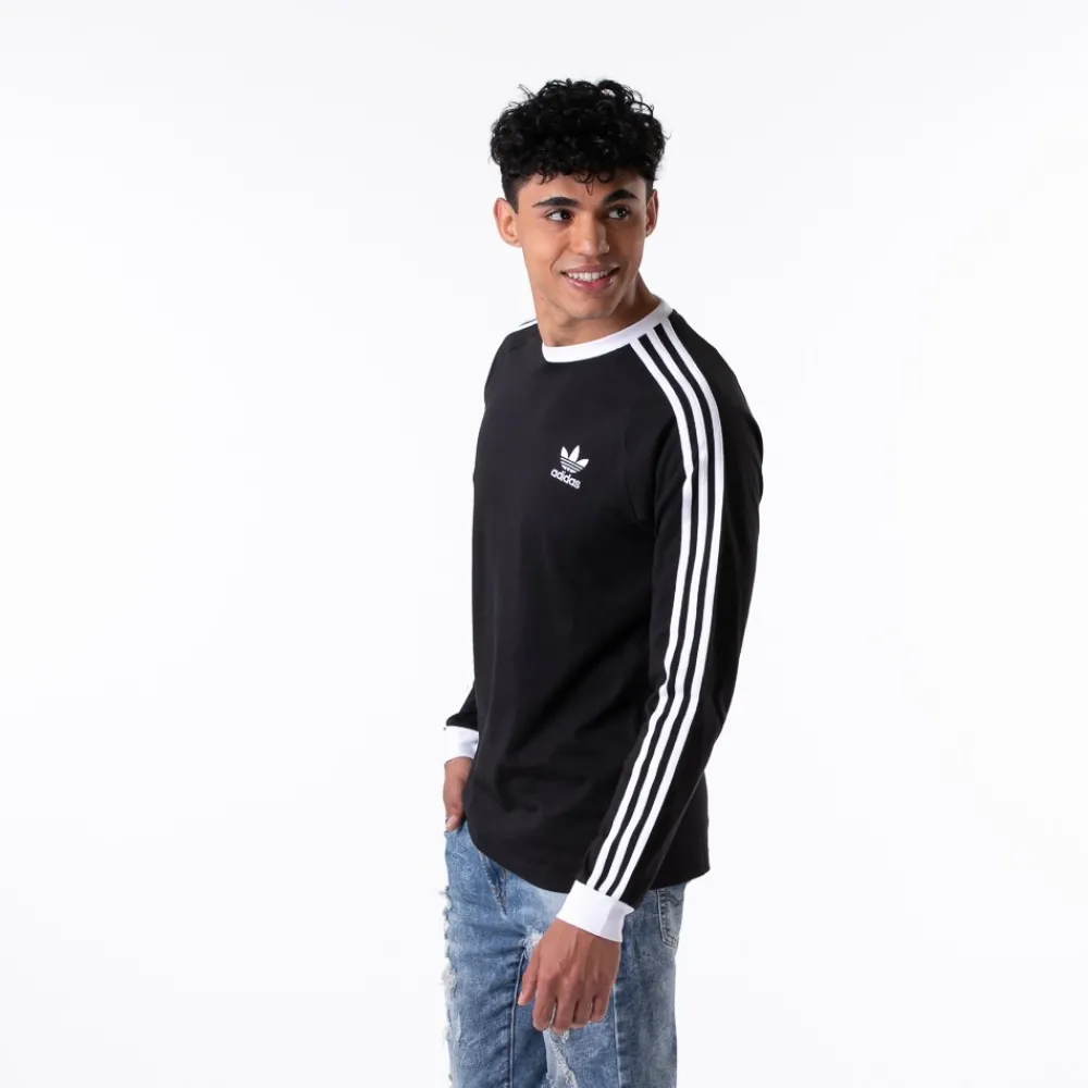 Sale adidas Mens Three Stripe Long Sleeve 3 Stripe Tee - Black