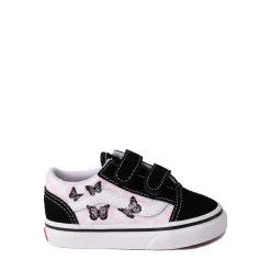 Clearance Vans Old Skool V Checkerboard Skate Shoe - Baby / Toddler - Black / White / Butterflies
