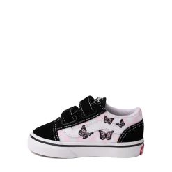 Clearance Vans Old Skool V Checkerboard Skate Shoe - Baby / Toddler - Black / White / Butterflies